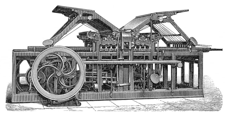 Historical illustration, 19th Century, Industrial printing press, Druckmaschine, Schnellpresse für Buchdruck, historische Zeichnung, 19. Jahrhundert