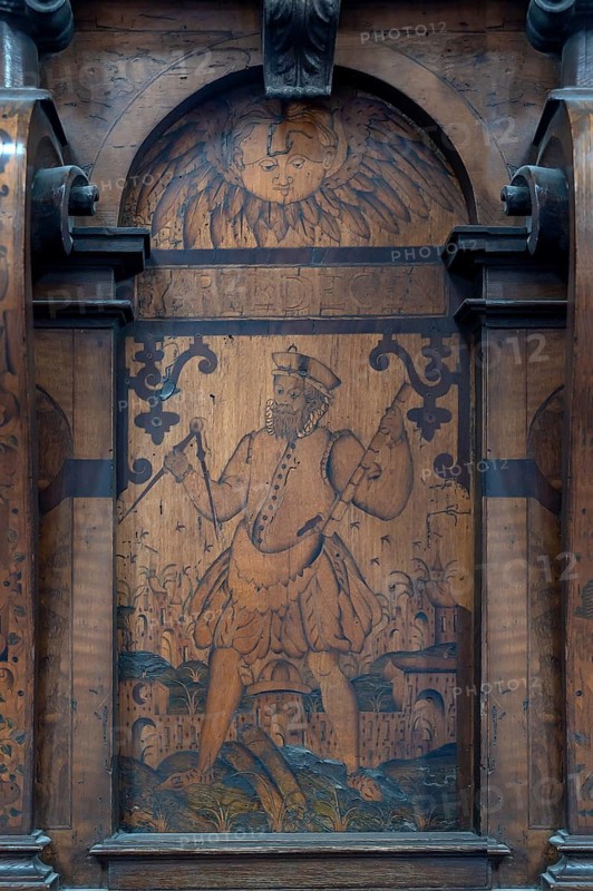 Detail of the craftsmen's chair or alms chair of the carpenter's guild, 17th century, Lorenz Church, Nuremberg, Middle Franconia, Bavaria, Germany