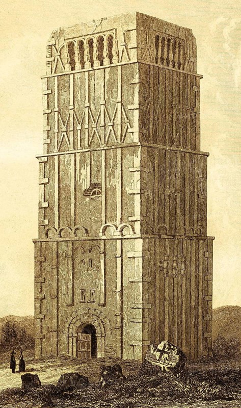 Earls Barton square defensive defence tower, All Saints' Church, Northamptonshire, Anglo-Saxon period, East Midlands, England, Great Britain, steel engraving, historical illustration 1842