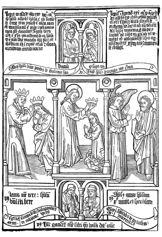 A leaf of the Bible for the Poor, Biblia Pauperum from the 15th century, historical, digital reproduction of an original from the 19th century