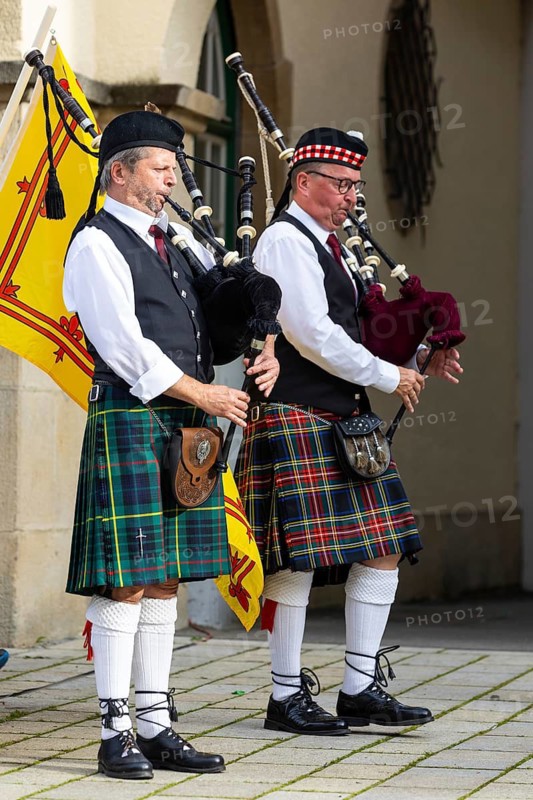 Bagpipers, musicians, music concert, Scottish flag, Sigmaringen, Baden-Württemberg, Germany