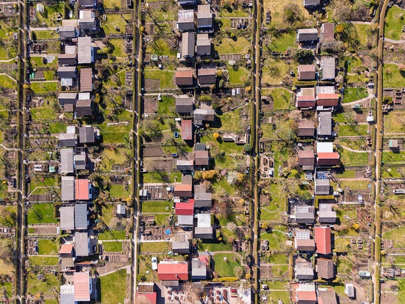 Aerial view, top down view, allotment garden, allotment gardens, allotment association Zeppelinfeld e.V., Nuremberg, Middle Franconia, Bavaria, Germany