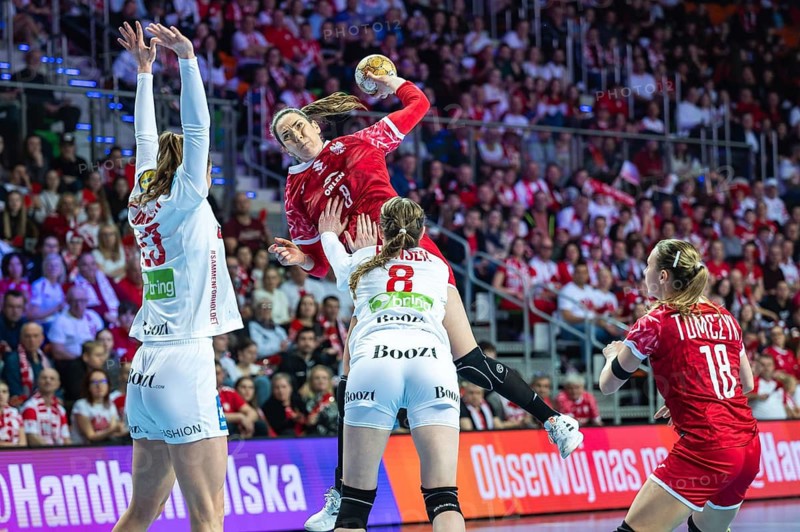 LUBIN, POLAND - FEBRUARY 28, 2024: qualifications for the European Championships handball women's match between national teams Poland and Danmark. In action Kobylinska Monika.