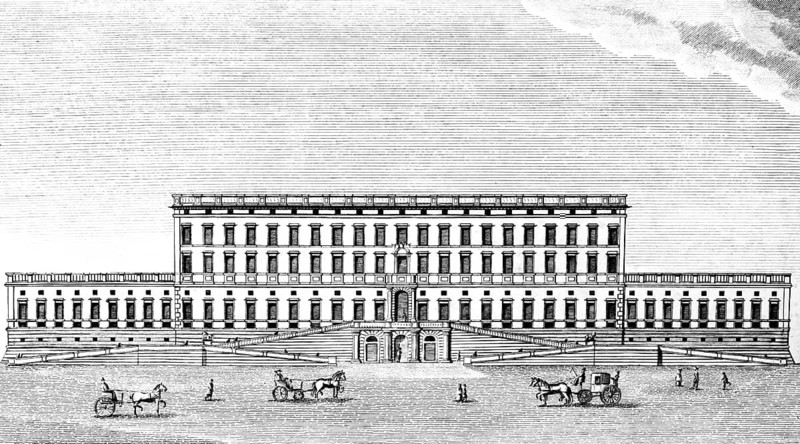 Kungliga Slottet, Royal Palace or Stockholm Palace, Stockholm, Sweden, northern view, residence of the king, built 1697 - 1760, baroque, court architect Nicodemus Tessin the Younger, stairs, horse-drawn carriages, walkers, square, building, architecture, history, steel engraving, historical illustration 1835