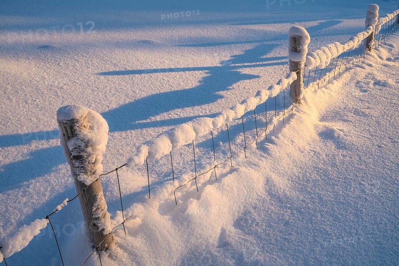 Snowy pasture fence with shadow casting, Alm Övre Kvebergsvangan, Alvdal, Hedmark, Innlandet, Norway, January 2026