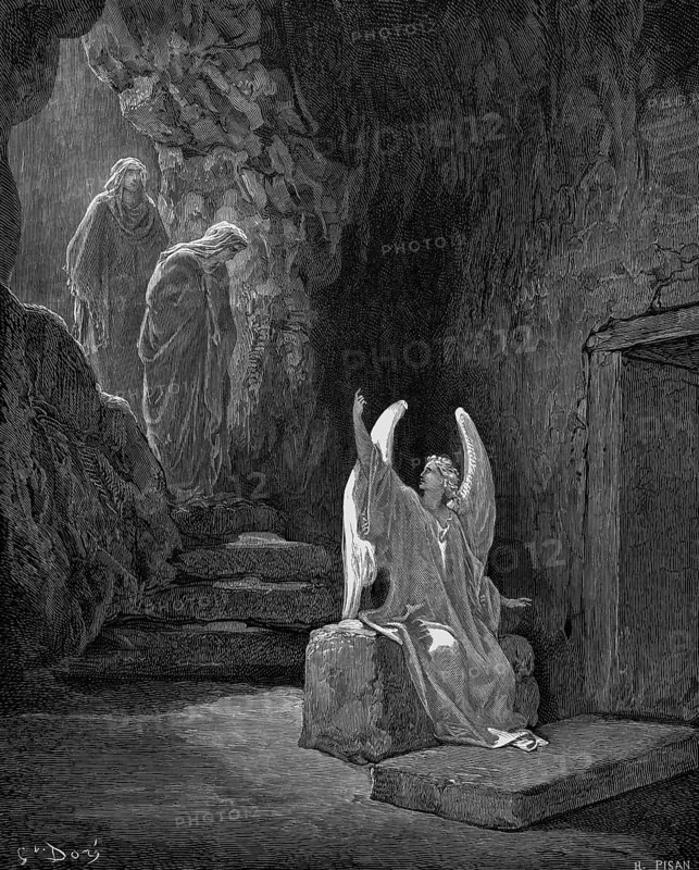 The woman at the empty grave, the angel in front of the grave, Mark chapter 16, verse 5, burial chamber, Jesus from Nazareth, rock cave, white robe, rock, door, entrance, Christian religion, Bible, New Testament, steel engraving Doré, historical illustration 1885