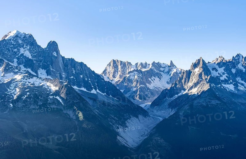 Impressive mountain landscape in morning light, picturesque mountain landscape with imposing mountain peaks and glaciers, Mer de Glace glacier, Grandes Jorasses in the background, Mont Blanc Massif, Chamonix-Mont-Blanc, Haute-Savoie, France