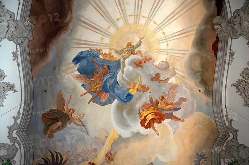 Interior photo, ceiling painting of the nave depicting Mary in the sky, nave, Cathedral of Our Lady, also collegiate church, Lindau, Bavaria, Lake Constance, Germany