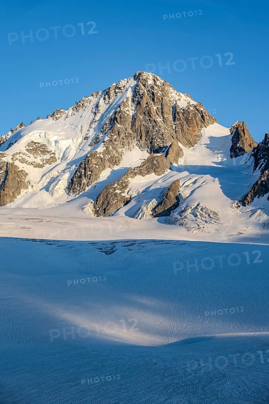 High alpine mountain landscape at sunset, summit of the Aiguille de Chardonnet and Glacier du Tour in the evening light, glacier and mountain peaks, Chamonix, Haute-Savoie, France