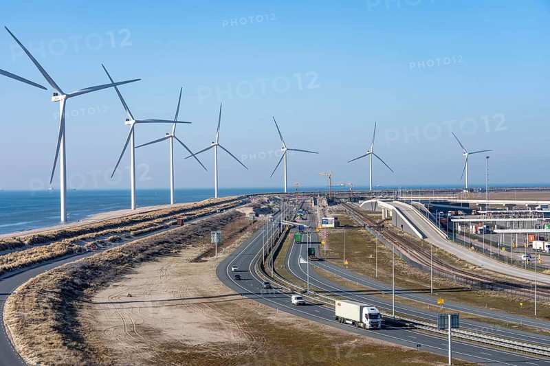 ENECO wind farm on the dike around the port of Maasvlakte 2, 22 wind turbines with an output of 116 megawatts, Rotterdam, the Netherlands