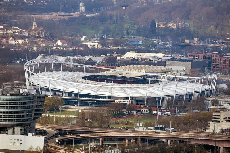 The MHP Arena, home venue of VfB Stuttgart, photographed from the viewpoint on Württemberg