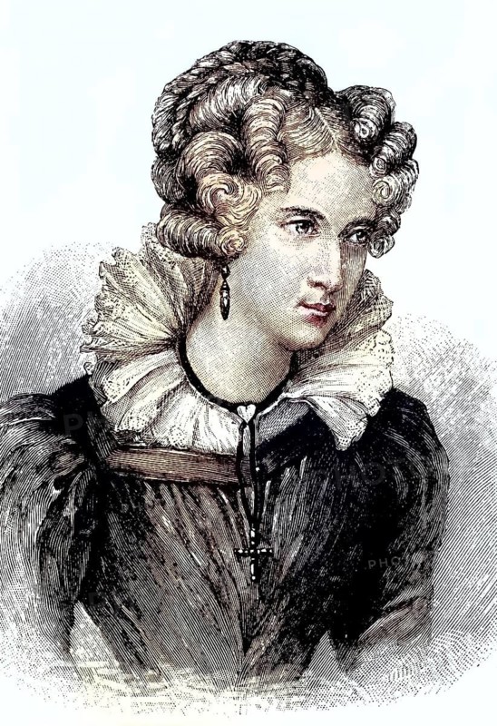 Annette von Droste-Hülshoff, 1797, 1848 at the age of 32, a German writer, coloured wood engraving, reproduction from a model from ca 1888, historical, portrait of a woman with curls in a frilled dress, wearing jewellery