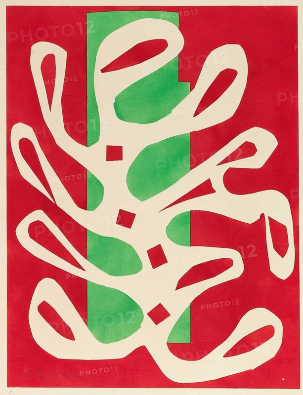 Henri Matisse, Henri Emile Benoit Matisse (born 31 December 1869, died 3 November 1954 in Cimiez), French painter, graphic artist, draughtsman, Classical Modernist. Here his work:, Algue blanche sur fond rouge et vert (1947), Weiße Alge auf rotem und grünem Hintergrund, White algae on a red and green background, Painting, Reproduction of the painting, Artwork, Historical, Abstract painting with red and green colours and cut shapes