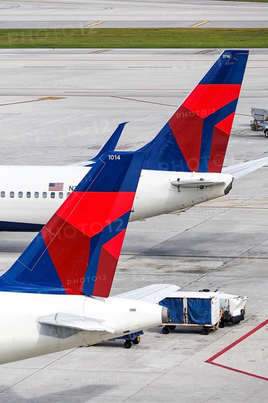 Delta Air Lines aircraft tail units at Fort Lauderdale Airport, USA