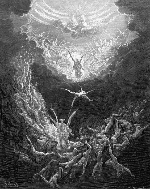 The Last Judgment, the End of the Old World, Revelation Chapter 20, Verse 11, Darkness, Bright Sky, Renewal, Death, Punishment, Fall, Cross, Trumpets, New World, Renewal, Misery, Angel, White Throne, Earth, Extinguish, Disappear, Symbols, Christian Religion, Bible, New Testament, Steel Engraving Doré, Historical Illustration 1885