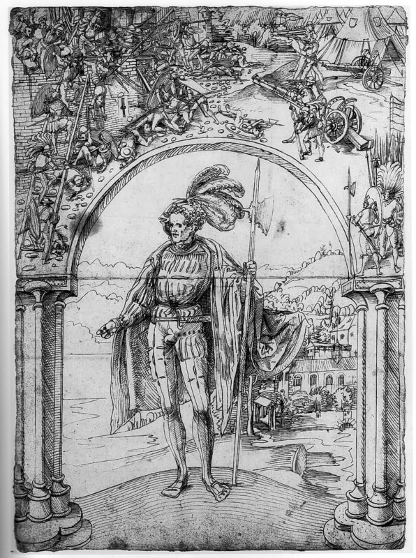 Confederate under an arch with the storming of the Castellazzo fortress, pen and ink drawing, Bern, title page, by Niklaus Manuel, called Deutsch (probably born 1484 in Bern, died 28 April 1530 in Bern), was a poet, painter, graphic artist, woodcut master, reformer and Bernese statesman, reproduction from a model of the time, historical, digitally enhanced