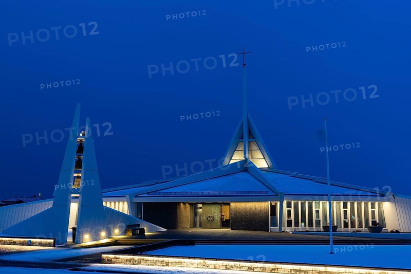 Ytri-Njarðvíkurkirkja, modern church, blue hour, snow, winter, Njarðvík, Iceland, Scandinavia