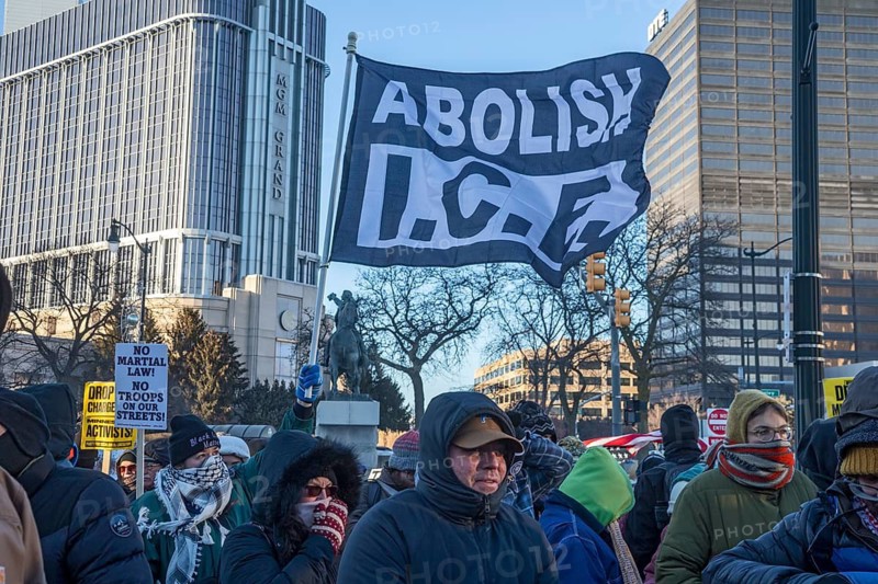 Detroit, Michigan USA - 24 January 2026 - A solidarity rally with Minneapolis residents protesting the ICE occupation of their city. Activists in Minnesota are engaging in a one-day strike over ICE arrests and brutality against immigrants