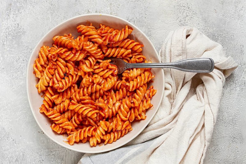 Fusilli pasta dish, made with tomato sauce, homemade, no people