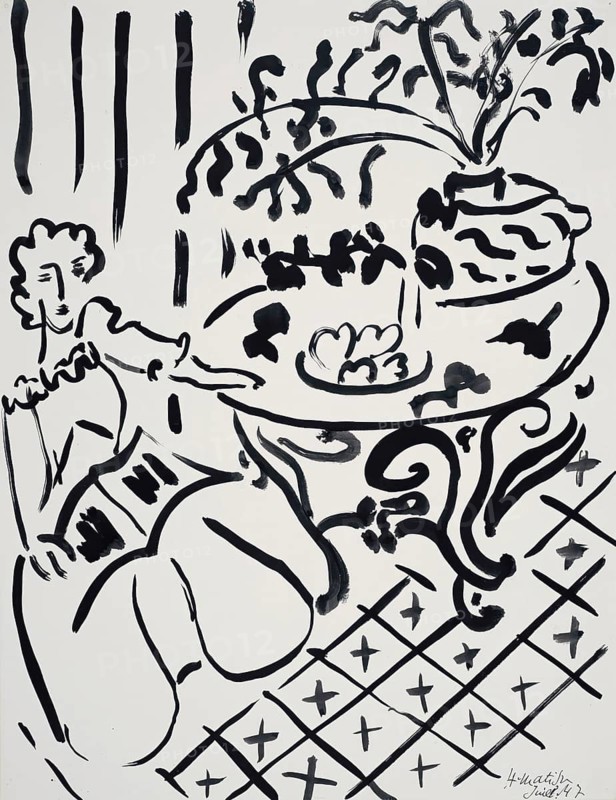 Henri Matisse, Henri Emile Benoit Matisse (born 31 December 1869, died 3 November 1954 in Cimiez), French painter, graphic artist, draughtsman, Classical Modernist. Here his work:, Fille assise à table (1947), Girl sitting at the table, Girl sitting at the table, Painting, Reproduction of the painting, Work of art, Historical, Woman on the floor next to a table with plants and fruit