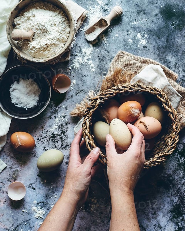 Rustic kitchen scene with hands holding a basket of assorted brown eggs, surrounded by flour, salt, and baking utensils on a textured stone countertop