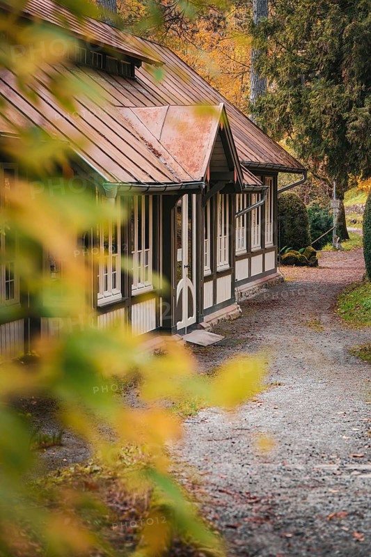 Bird house in the spa gardens during autumn, Bad Wildbad, Black Forest, Germany