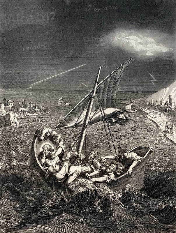 Jesus sleeps in boat during the storm, New Testament, steel engraving 1853, digitally restored