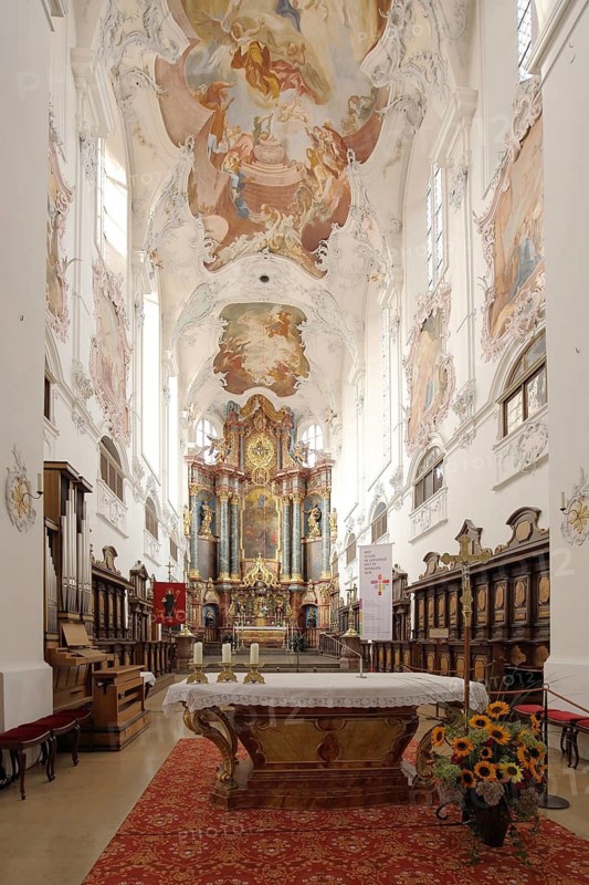 Magnificent frescoes, chancel with decorations, interior view, handicrafts, wall painting, baroque Fridolinsmünster, Bad Säckingen, Southern Black Forest, Black Forest, Baden-Württemberg, Germany