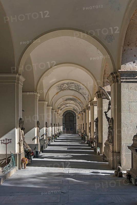 Arcade with tombs at the Monumental Cemetery, Cimitero monumentale di Staglieno), Genoa, Italy