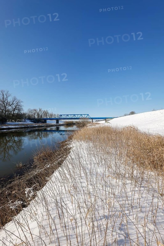 Dorsten, North Rhine-Westphalia, Germany - Sunny winter landscape in the Ruhr area, ice and snow on the river Lippe