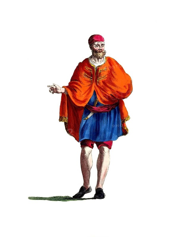 Historical clothing, fashion over time, winter traditional costume of an Arab Moor around 1695, digitally restored reproduction of a model from the 18th/19th century, exact date unknown, man depicted in orange-yellow historical garb with beard