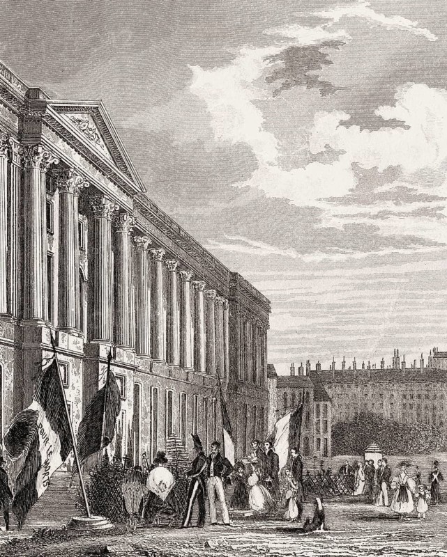 Tomb commemorating the attack on the Louvre, July 1830, Paris, antique steel engraved print, 1831