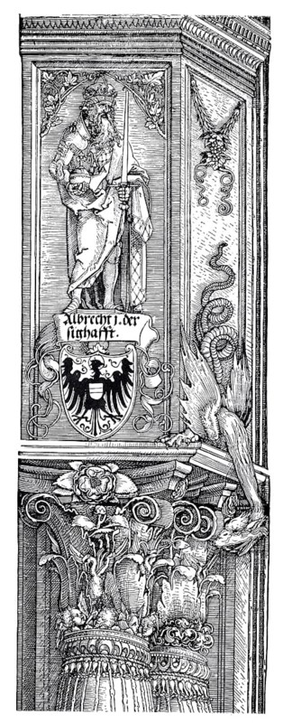 The triumphal arch for Emperor Maximilian, capital of the right corner column, woodcut by Albrecht Dürer, historical, digital improved reproduction of an old woodcut