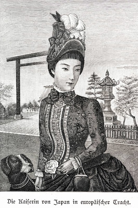 Portrait of the Empress of Japan in European traditional costume, Tokyo, Japan, from front, hat, costume, ruff, handbag, flower, stripes, hairstyle, outside, garden, trees, gate, dog, historical illustration about 1898