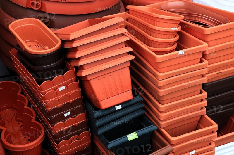 Craft market and nursery, plastic flower boxes, flower pots, flower pots