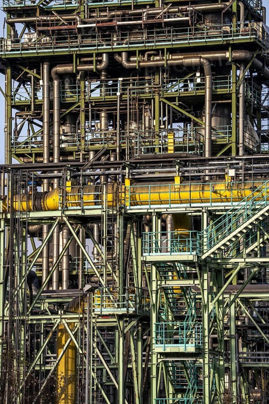 The chemical plants on the white side of the Schwelgern coking plant, which supplies over 2.5 million tonnes of coke to Thyssenkrupp Steel's Schwelgern blast furnace plant on the Rhine, is considered the most modern coking plant in the world with the world's largest coke oven batteries, Duisburg North Rhine-Westphalia, Germany