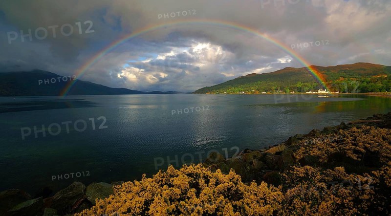 Europe, Scotland, Great Britain, England, landscape, Loch Duich with rainbow, sea bay, Dornie