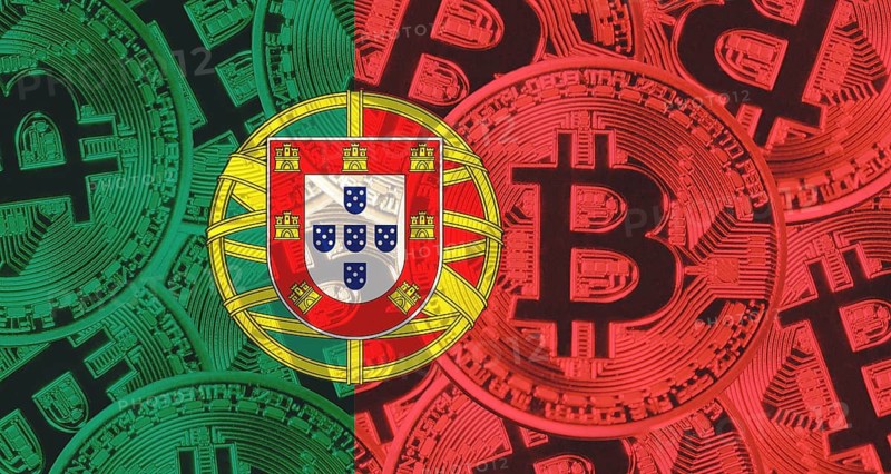 Golden bitcoins on Portugal flag background. Bitcoin coins on Portugal flag background