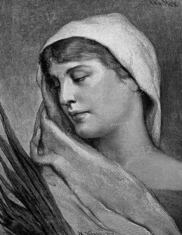 Portrait of a young woman in a peaceful mood from 1870, historical, digital reproduction of an original from the 19th century