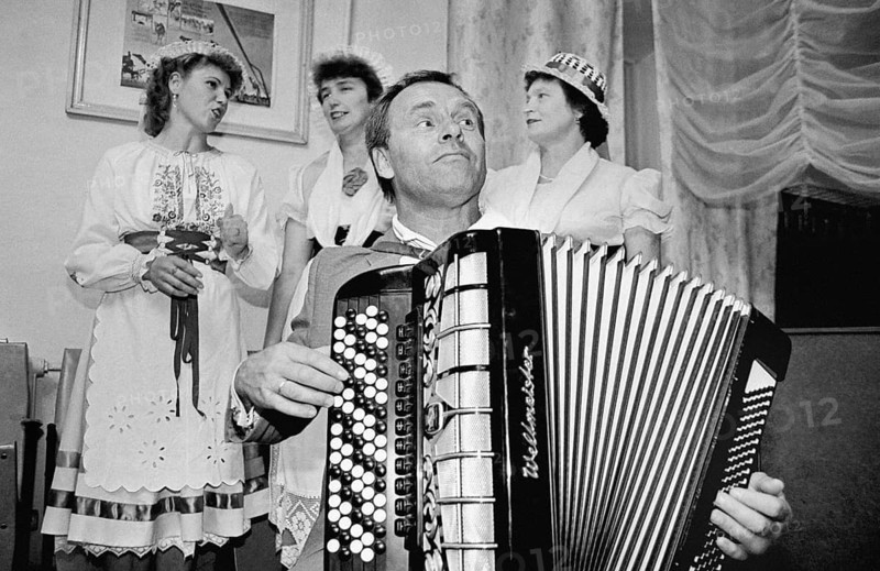 Musicians from the Russian-German music group Lebenslust play German folk songs in a village in Kazakhstan, Romanovka, Kazakhstan