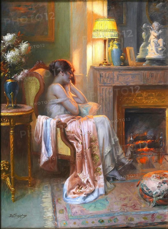 Pensive, also known as Le Coin du Feu, is a famous oil painting by the French painter Delphin Enjolras (1857-1945) . An elegantly dressed young woman sits alone in a luxurious room, lost in deep thought, illustration, reproduction from a painting. Authentic, File restored for optimal use, Exact date of original unknown, Historical, A woman sits pensively in an armchair in front of a burning fireplace