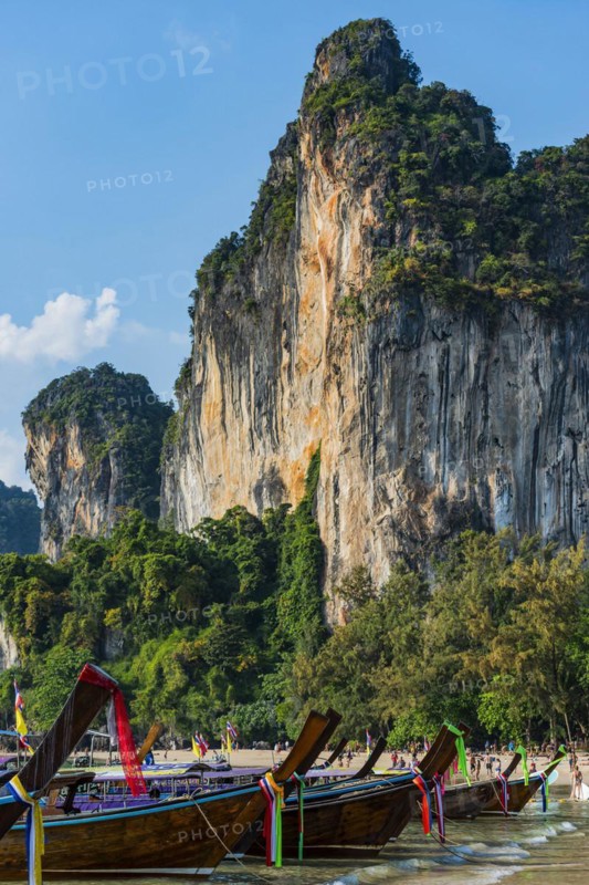 Longtail boats at Railay beach, beach, chalk cliffs, sandstone, sandstone rocks, climbing, climbing rocks, nature, natural beauty, natural, limestone, landscape, natural landscape, tropical, island, travel, tourism, paradisiacal, sun, sunny, holiday, dream trip, holiday paradise, paradise, beach landscape, beach holiday, beach holiday, coastal landscape, rock, rock face, lagoon, mountain, nature, idyllic, Siam, nobody, empty, exotic, travel photo, Krabi, Thailand