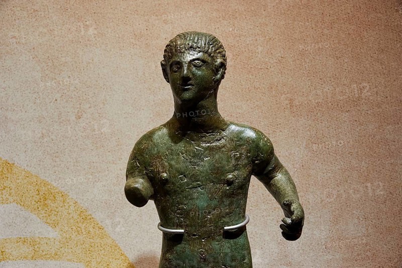 Diocouroi or athlete, bronze male statue, damaged, with historical flair, Pylos Archaeological Museum, Neokastro, Pylos, Peloponnese, Greece