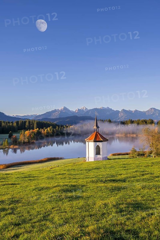 Photomontage, chapel at Hegratsrieder See, near Füssen, moon, Allgäu Alps, Allgäu, Bavaria, Germany