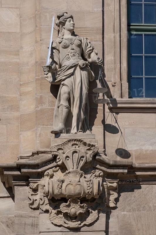 Sculpture of Justitia on the late baroque town hall, built between 1744 and 1747, Ellingen, Middle Franconia, Bavaria, Germany