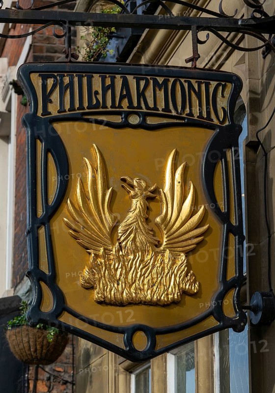 Sign hanging outside the Philharmonic Dining Rooms public house, Hardman Street, Liverpool, England, UK