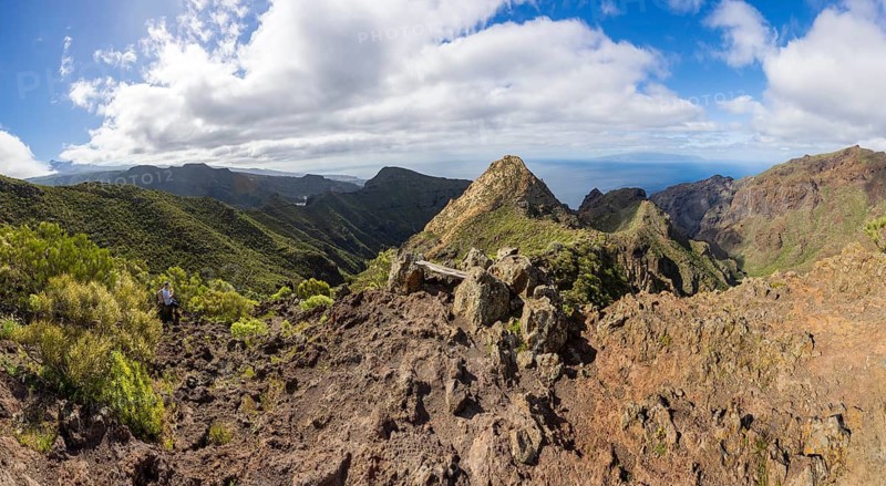 Mountain landscape, mountain hiking, view to Risco Blanco and the island of La Gomera, El Molledo, Tenerife, Canary Island, Atlantic Ocean, Spain