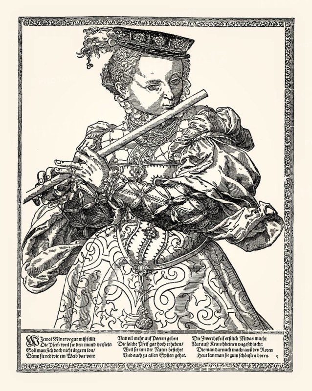 Tobias Stimmer, Flute player from the series the female musicians, 16th century, digitally restored