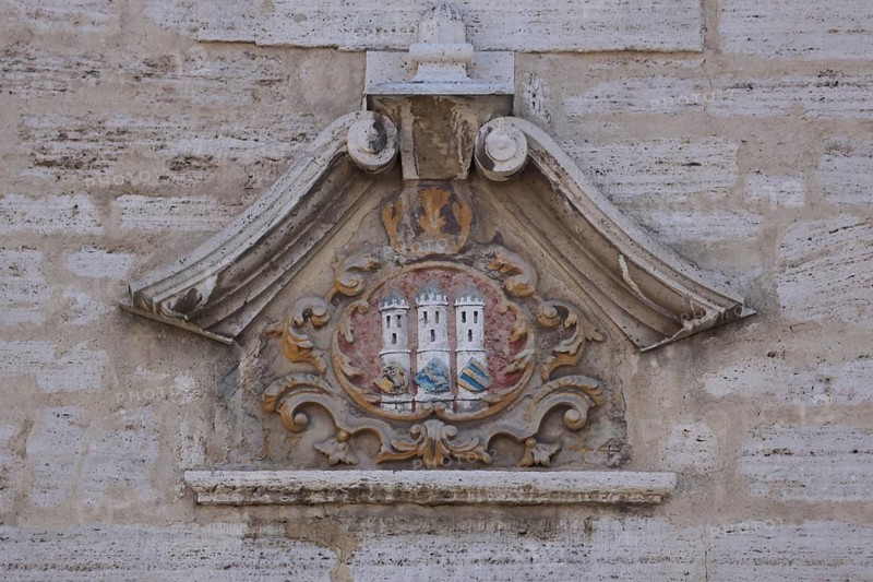 City coat of arms with decoration at the town hall, Bad Langensalza, Thuringia, Germany