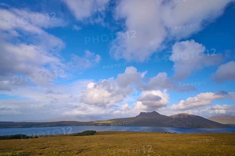 Tranquil landscape with a lake surrounded by hills under a cloudy blue sky, Little Loch Broom, view point, Durnamuck, Garve, Scotland, United Kingdom, Great Britain